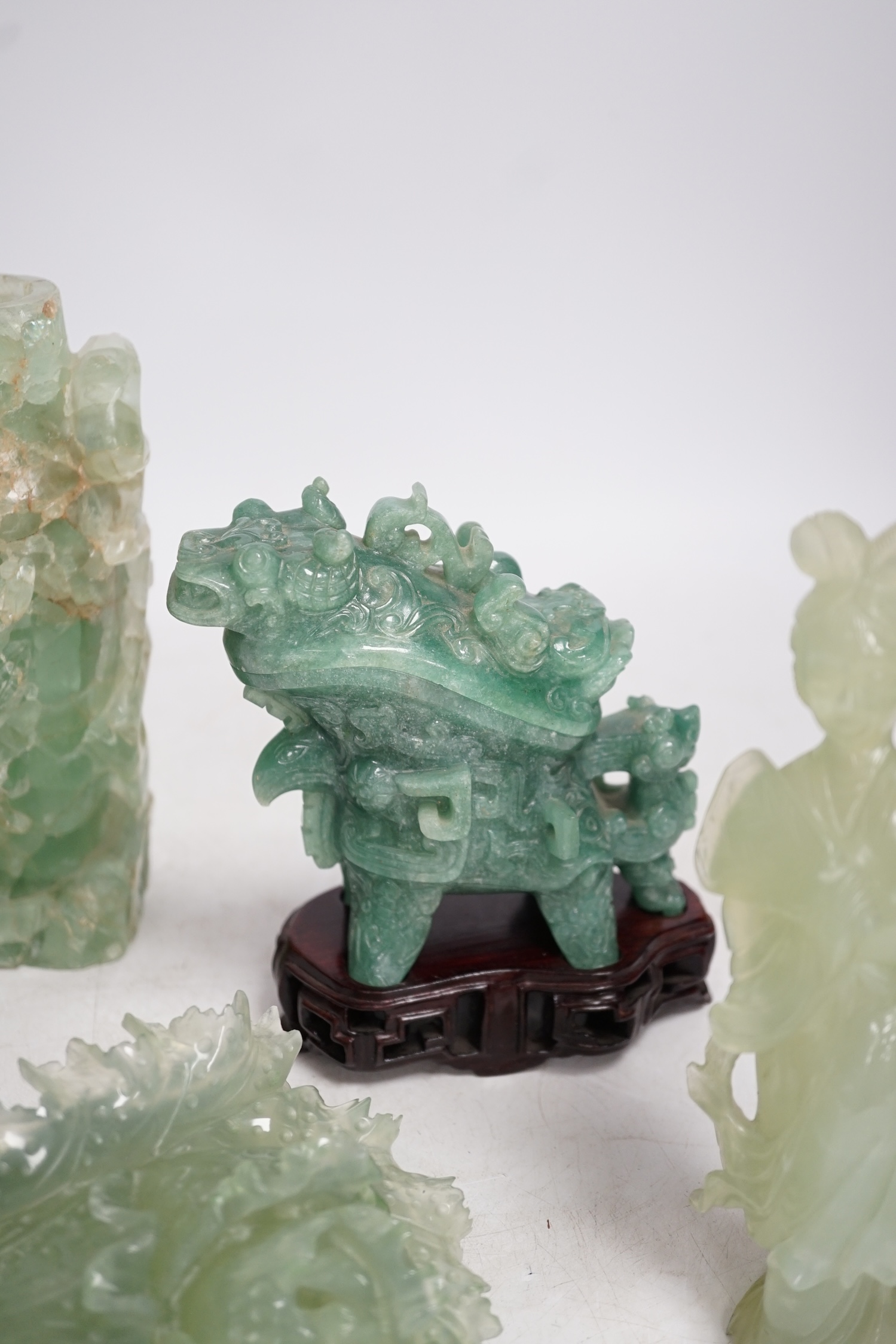 A group of five Chinese hardstone carvings, tallest 18cm. Condition - fair